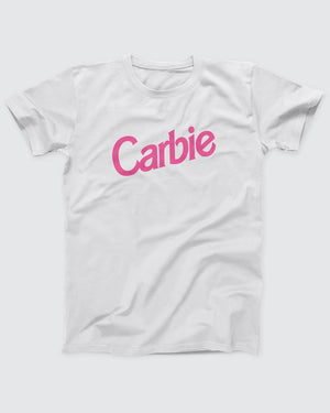 Carbie t-shirt in White, flat lay on grey