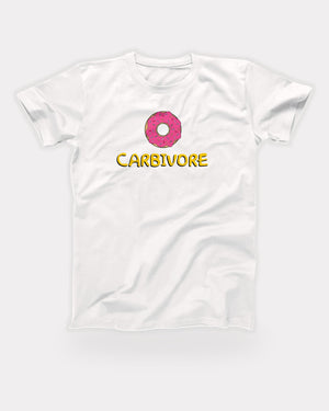 Carbivore T-Shirt in White, flat lay on grey