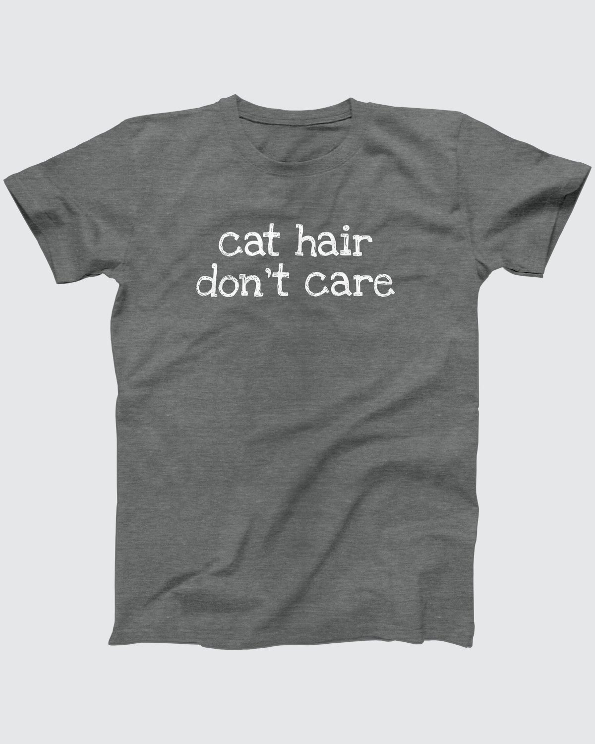 Cat Hair Don't Care t-shirt in Deep Heather, flat lay on grey