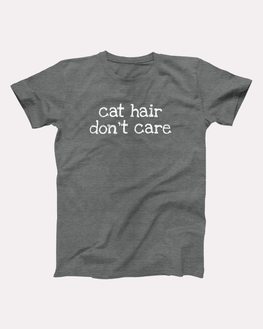 Cat Hair Don't Care t-shirt in Deep Heather, flat lay on grey