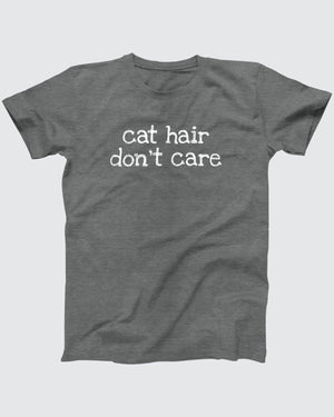 Cat Hair Don't Care t-shirt in Deep Heather, flat lay on grey