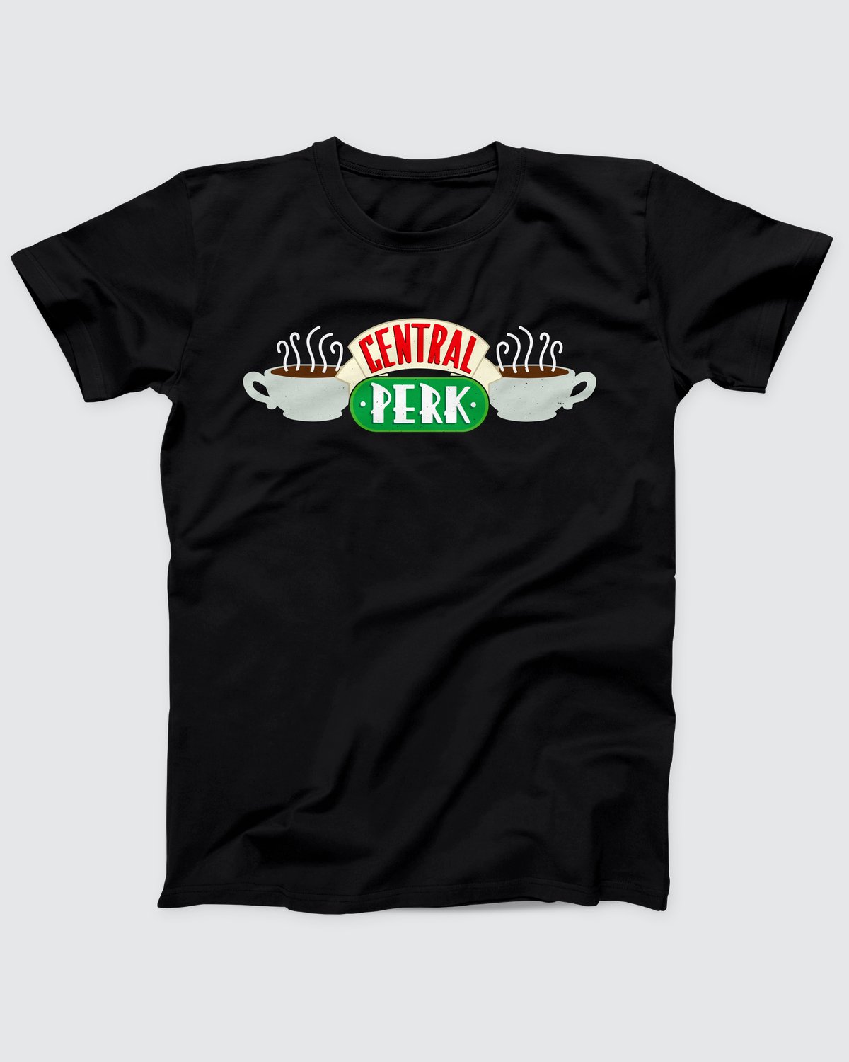 Central Perk Coffee T-Shirt, flat lay on grey