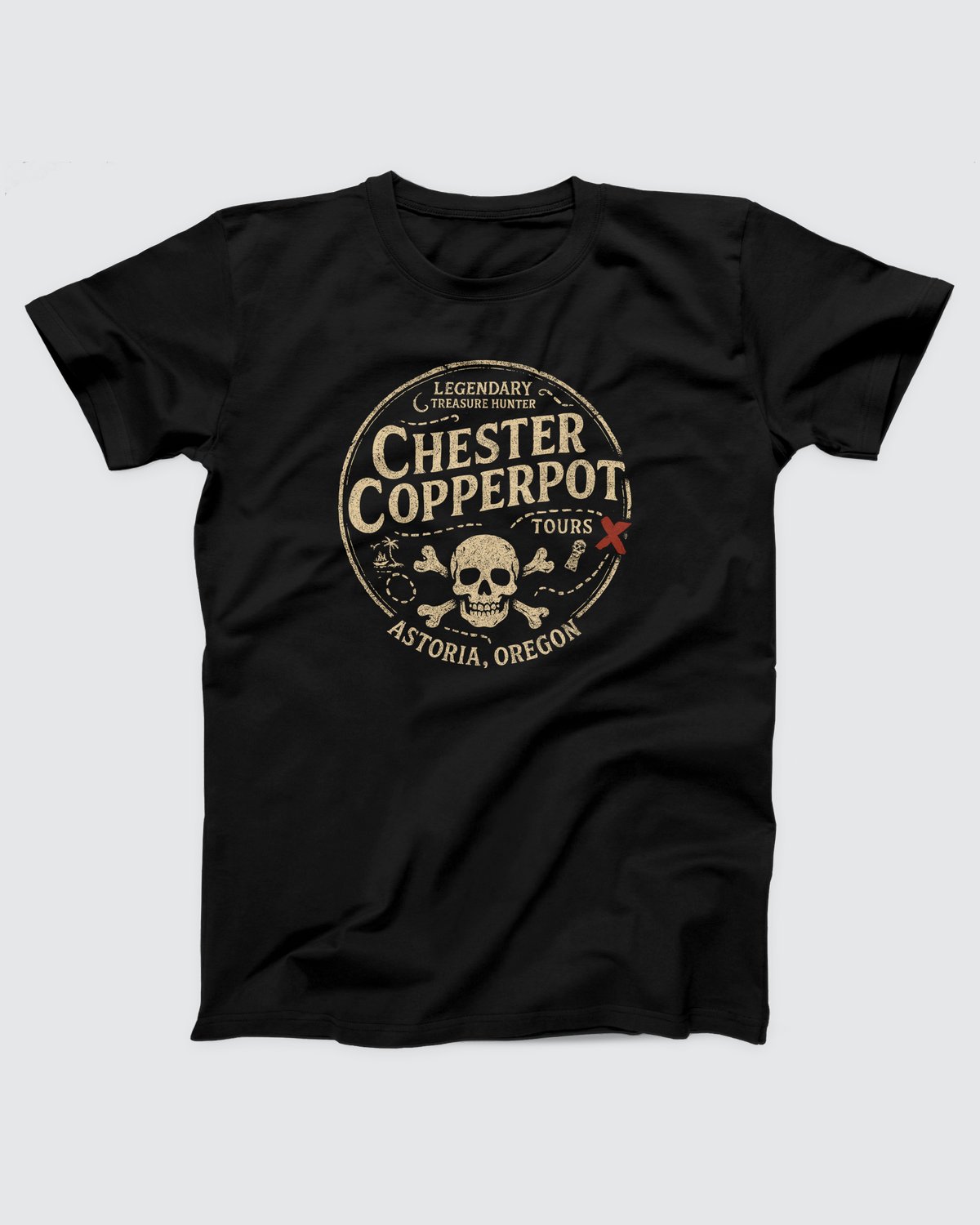 Chester Copperpot Treasure Hunter Tours T-Shirt, flat lay on grey