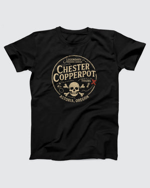 Chester Copperpot Treasure Hunter Tours T-Shirt, flat lay on grey
