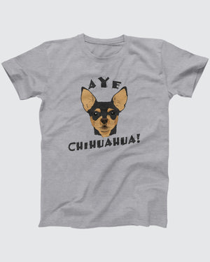 Aye Chihuahua t-shirt in Athletic Heather, flat lay on grey