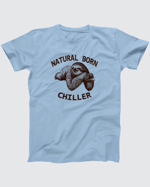 Natural Born Chiller t-shirt in Baby Blue, flat lay on grey