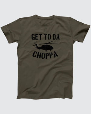 Get To Da Choppa T-Shirt, flat lay on grey