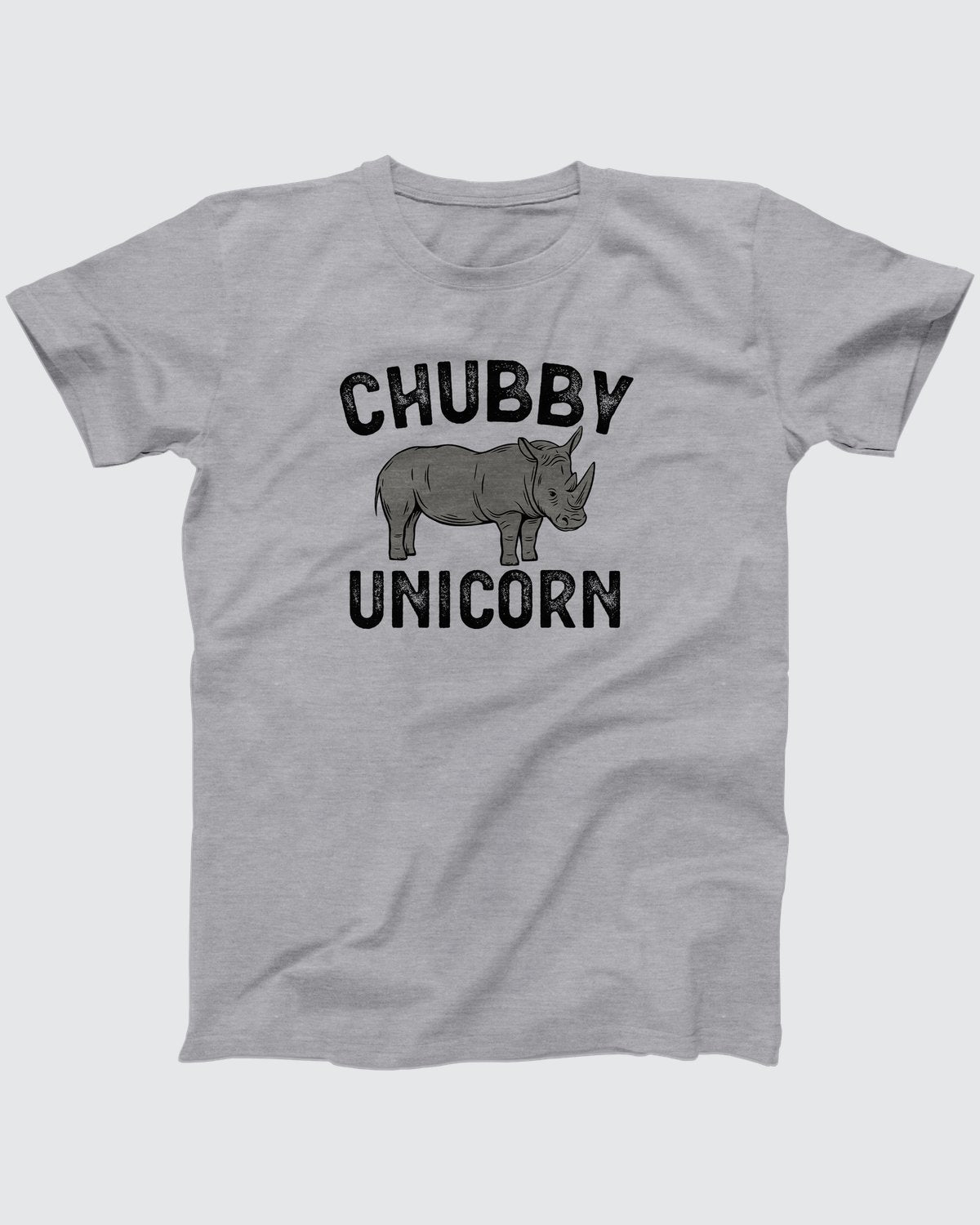 Chubby Unicorn t-shirt in Athletic Heather, flat lay on grey