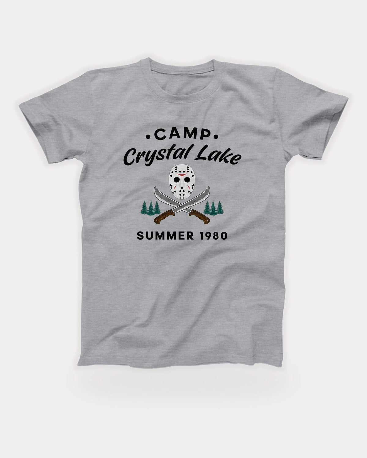 Camp Crystal Lake T-Shirt in Athletic Heather, flat lay on grey