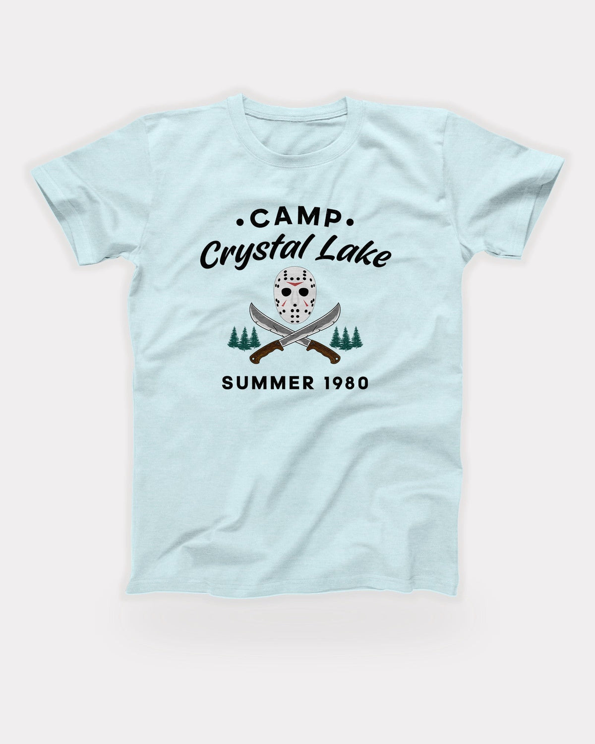 Camp Crystal Lake T-Shirt in Heather Ice Blue, flat lay on grey
