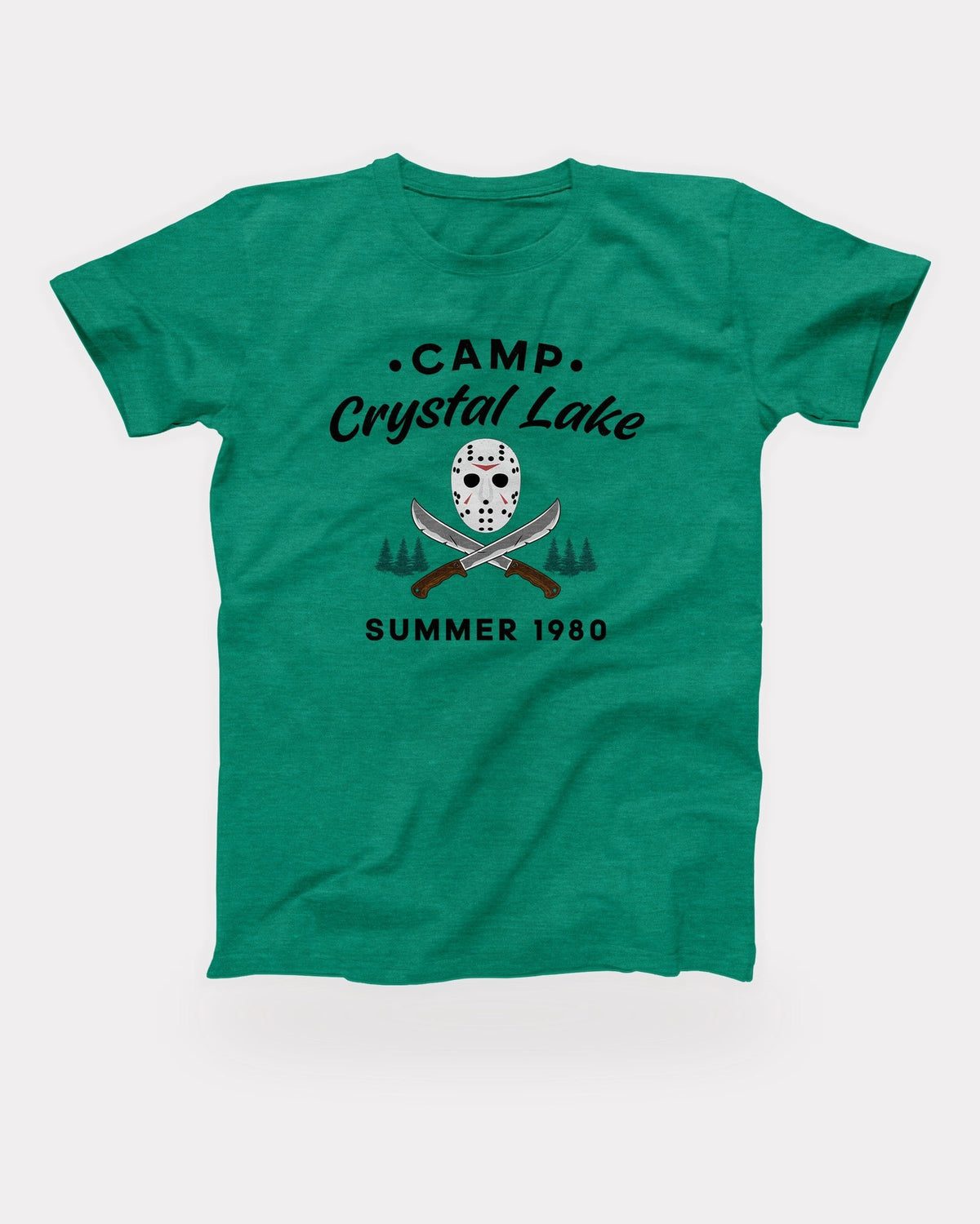 Camp Crystal Lake T-Shirt in Heather Kelly, flat lay on grey