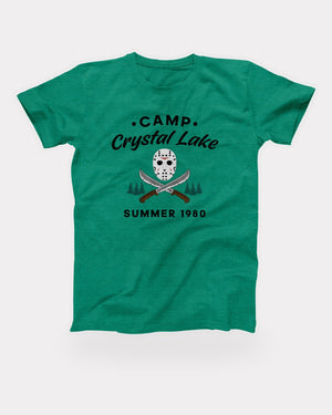 Camp Crystal Lake T-Shirt in Heather Kelly, flat lay on grey