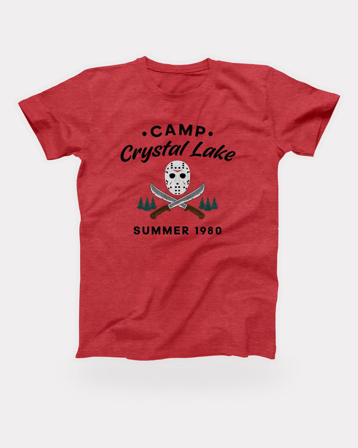 Camp Crystal Lake T-Shirt in Heather Red, flat lay on grey