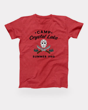 Camp Crystal Lake T-Shirt in Heather Red, flat lay on grey