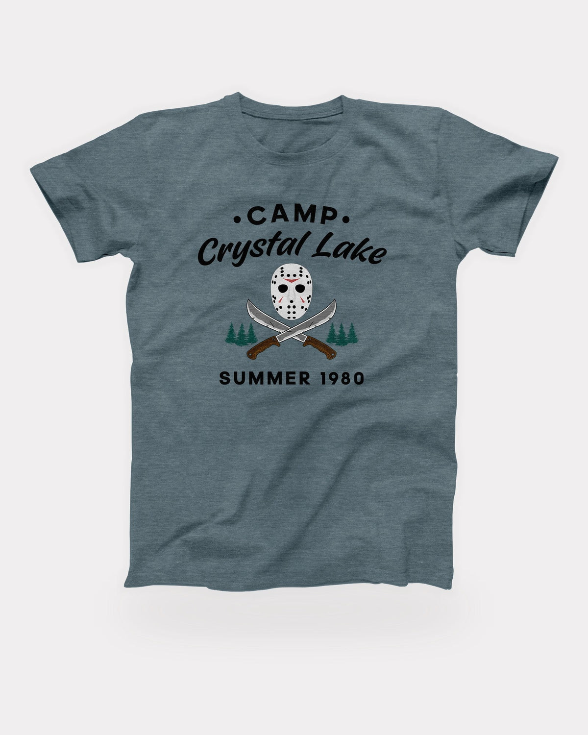 Camp Crystal Lake T-Shirt in Heather Slate, flat lay on grey