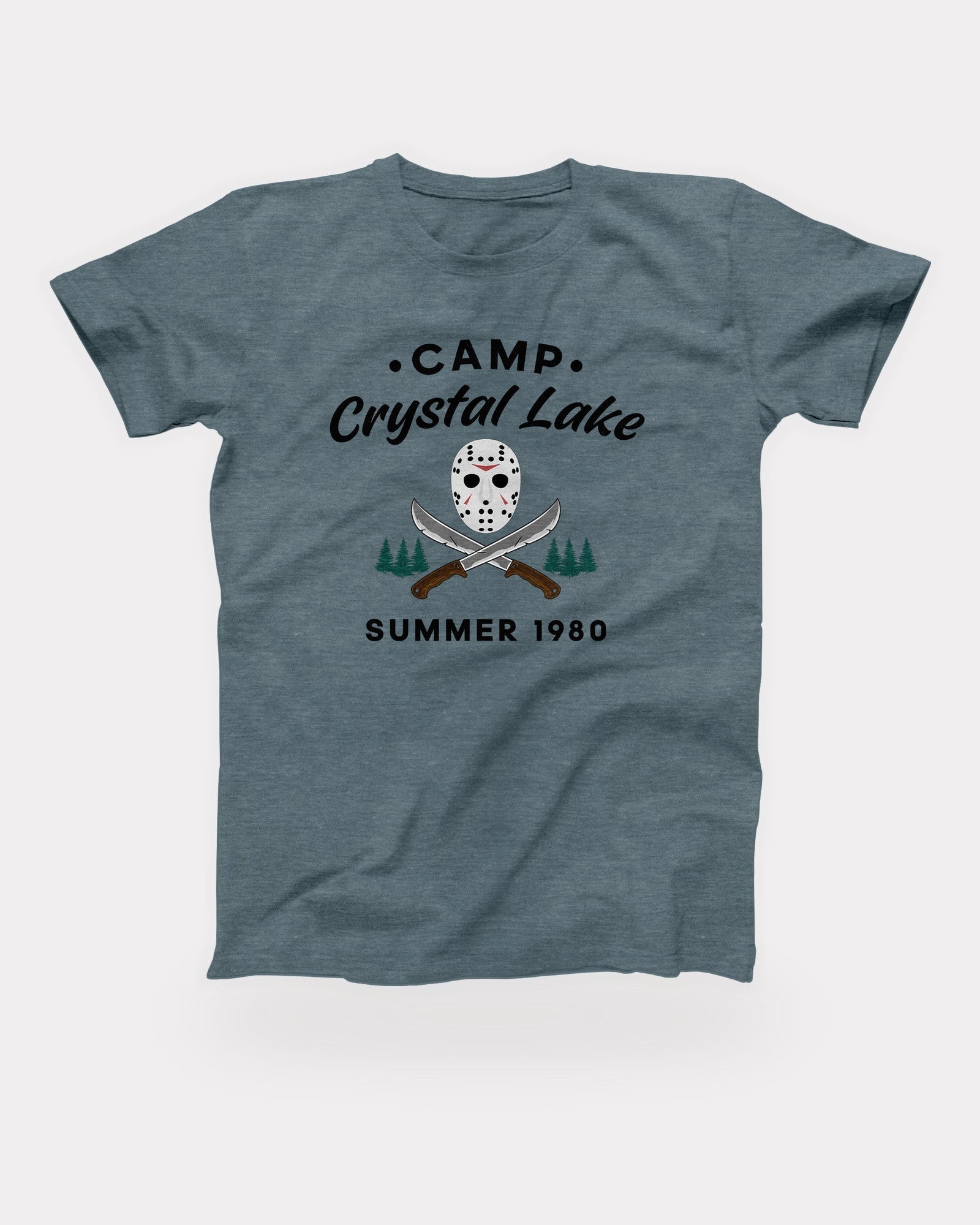 Camp Crystal Lake T-Shirt in Heather Slate, flat lay on grey