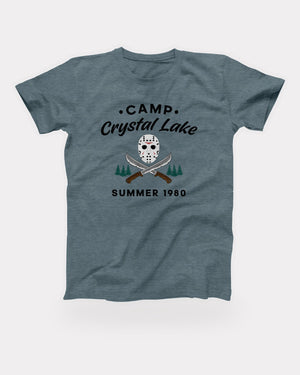 Camp Crystal Lake T-Shirt in Heather Slate, flat lay on grey