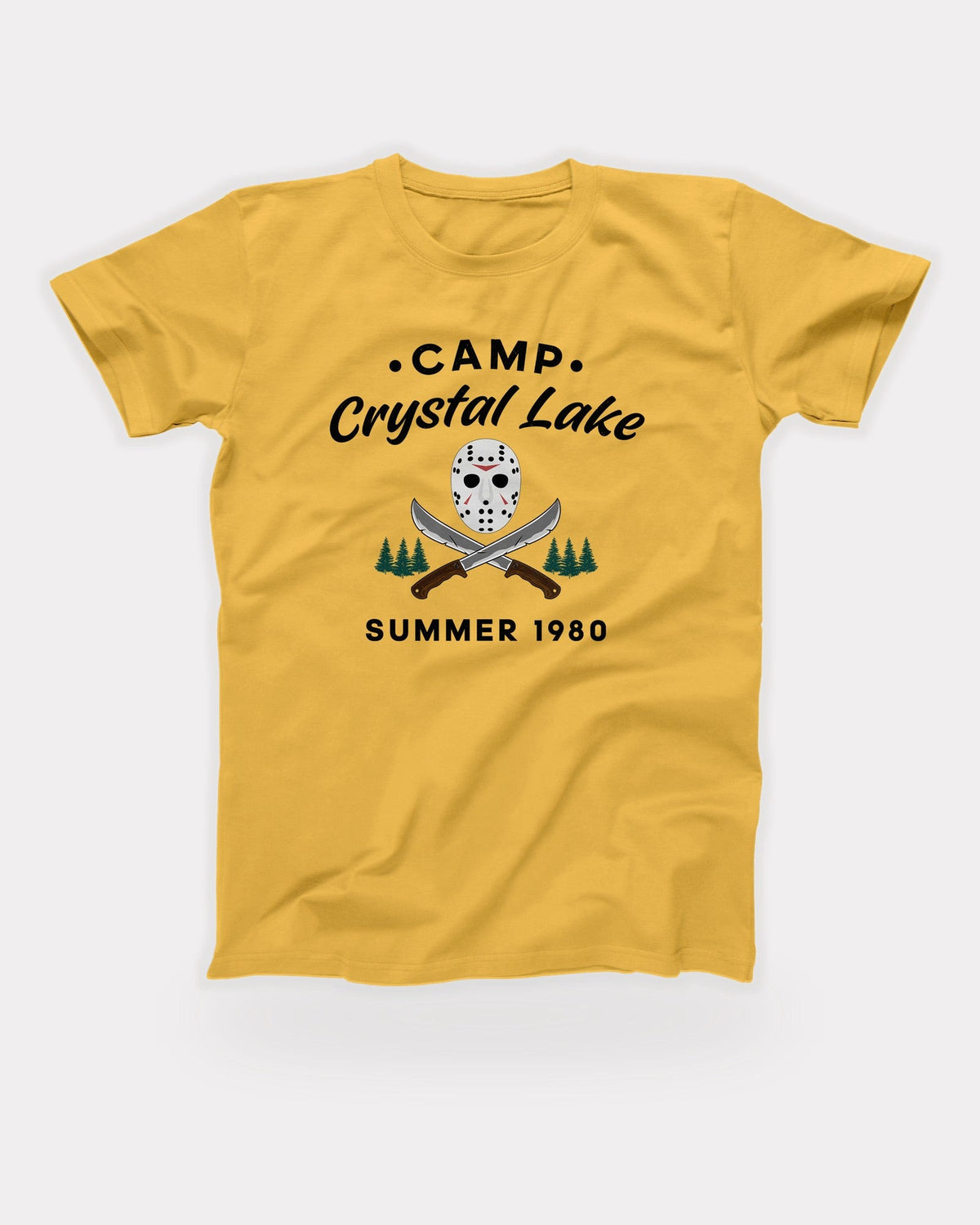 Camp Crystal Lake T-Shirt in Maize Yellow, flat lay on grey