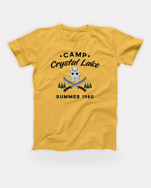 Camp Crystal Lake T-Shirt in Maize Yellow, flat lay on grey