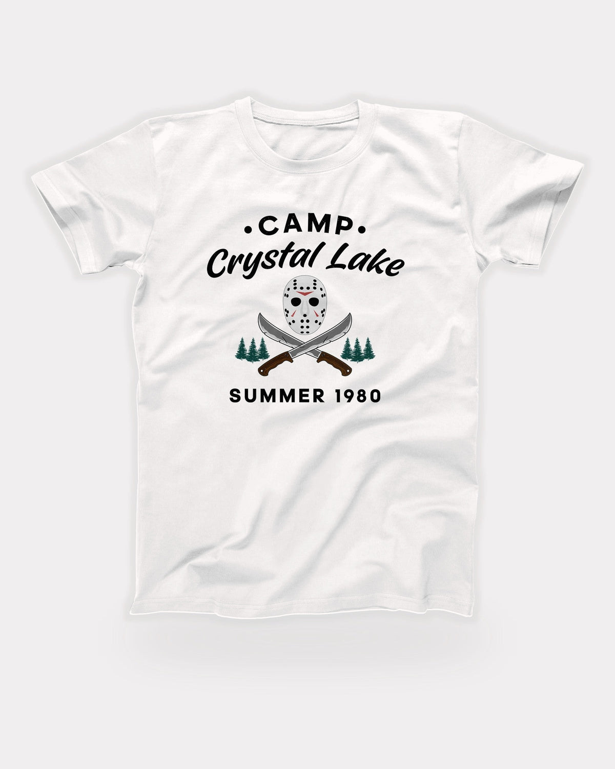 Camp Crystal Lake T-Shirt in White, flat lay on grey