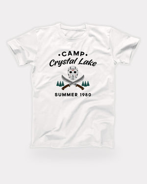 Camp Crystal Lake T-Shirt in White, flat lay on grey