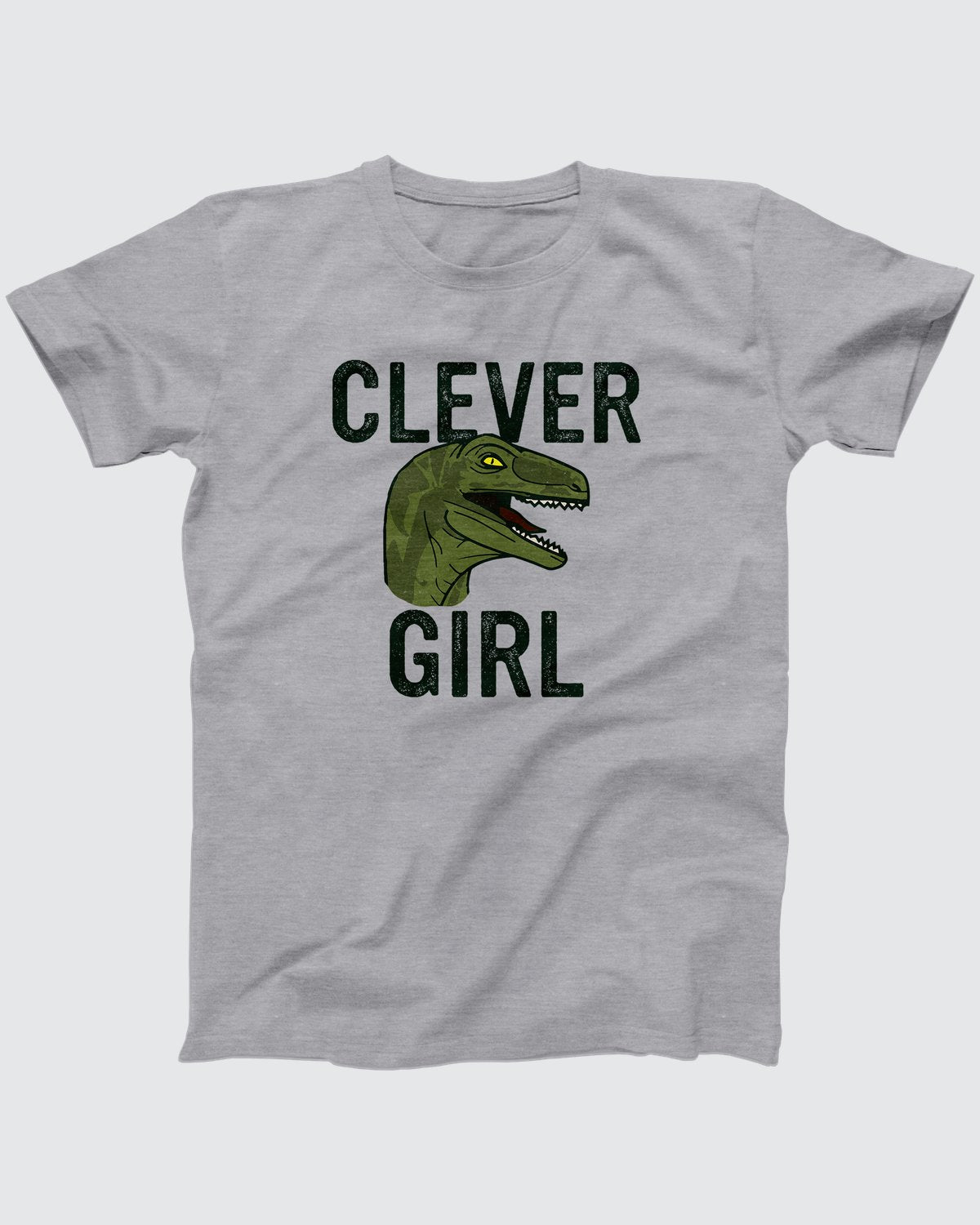 Clever Girl t-shirt in Athletic Heather, flat lay on grey