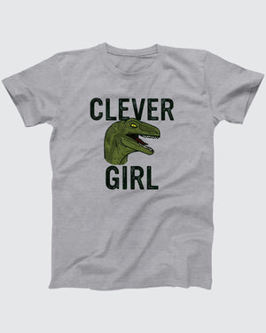 Clever Girl t-shirt in Athletic Heather, flat lay on grey
