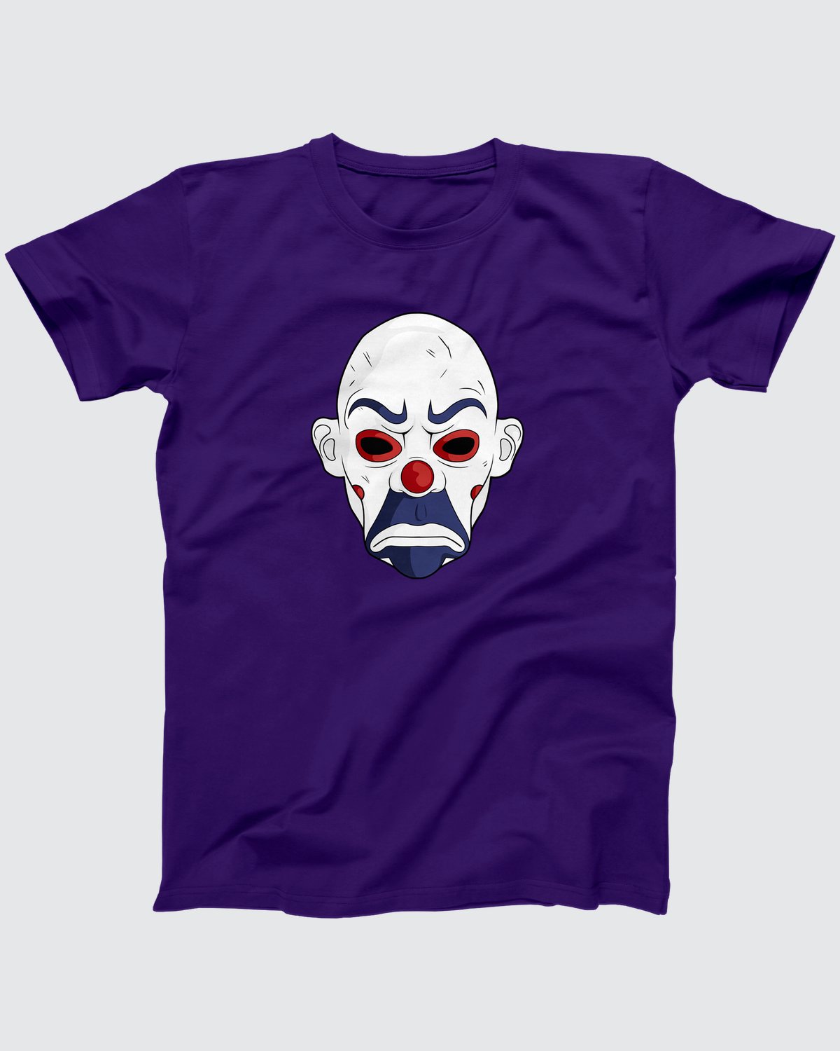 Clown Mask t-shirt in Team Purple, flat lay on grey