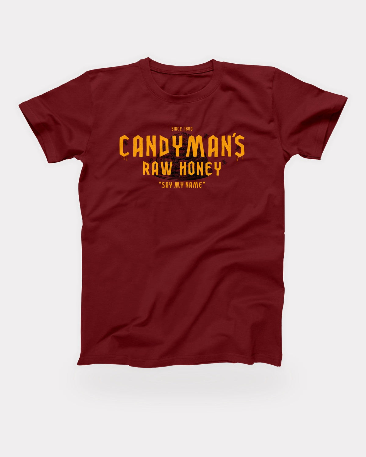 Candyman's Raw Honey T-Shirt in Cardinal, flat lay on grey