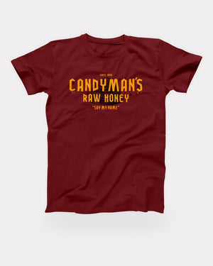Candyman's Raw Honey T-Shirt in Cardinal, flat lay on grey