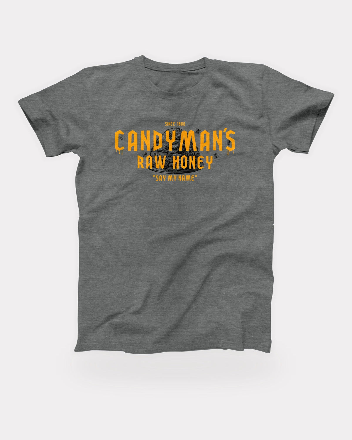 Candyman's Raw Honey T-Shirt in Deep Heather, flat lay on grey