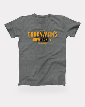 Candyman's Raw Honey T-Shirt in Deep Heather, flat lay on grey