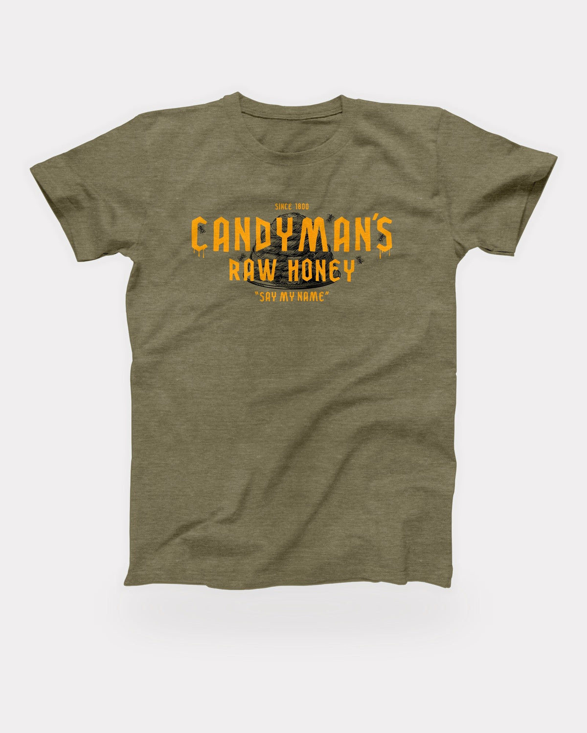 Candyman's Raw Honey T-Shirt in Heather Olive, flat lay on grey