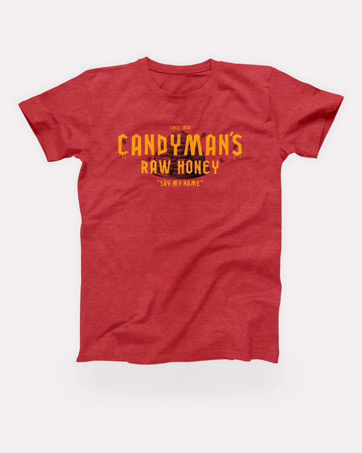 Candyman's Raw Honey T-Shirt in Heather Red, flat lay on grey