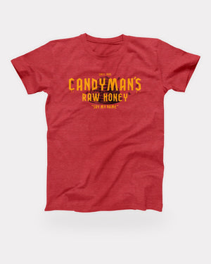 Candyman's Raw Honey T-Shirt in Heather Red, flat lay on grey