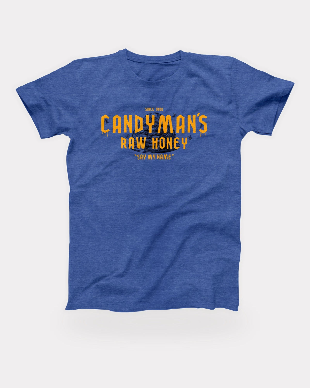Candyman's Raw Honey T-Shirt in Heather True Royal, flat lay on grey