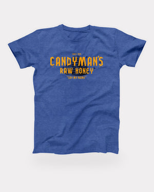 Candyman's Raw Honey T-Shirt in Heather True Royal, flat lay on grey