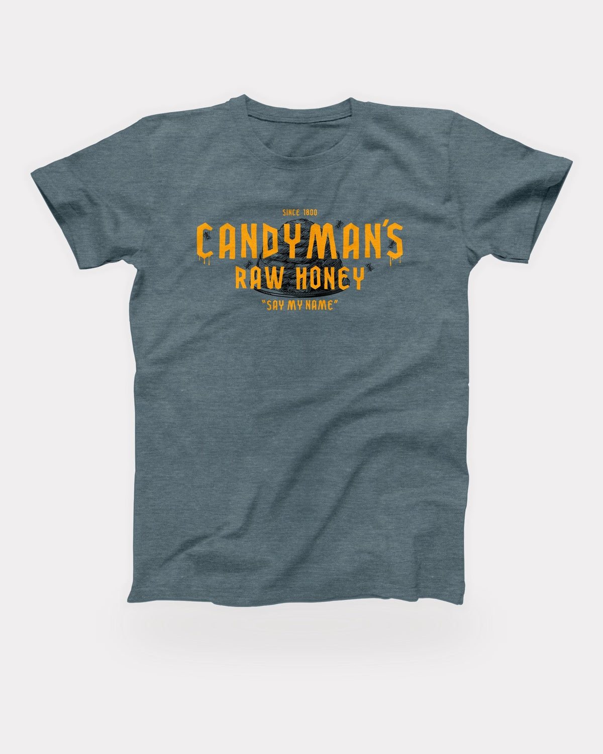 Candyman's Raw Honey T-Shirt in Heather Slate, flat lay on grey