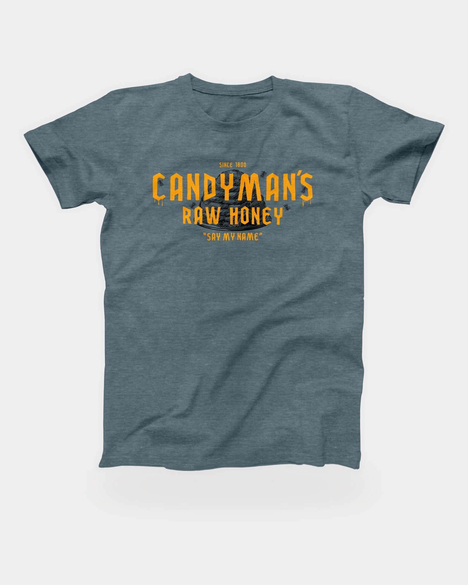 Candyman's Raw Honey T-Shirt in Heather Slate, flat lay on grey