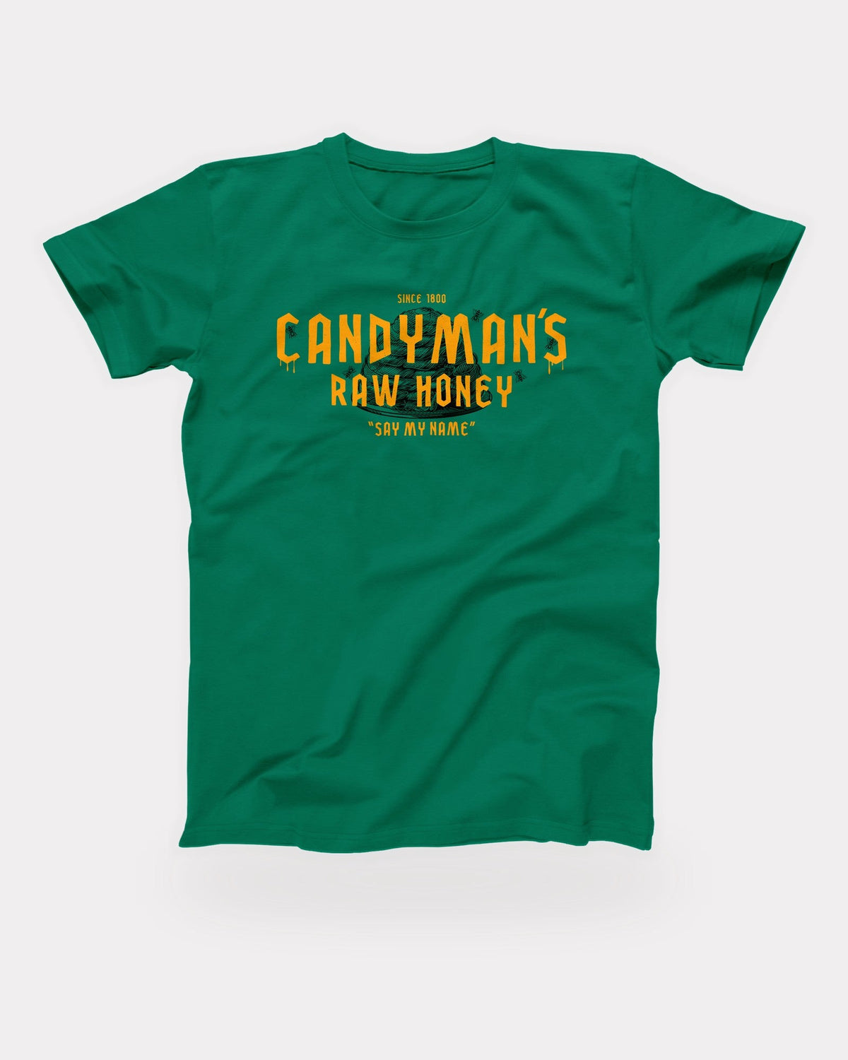 Candyman's Raw Honey T-Shirt in Kelly, flat lay on grey