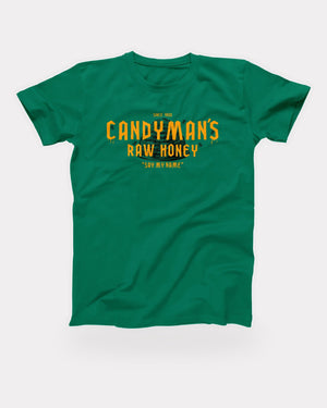 Candyman's Raw Honey T-Shirt in Kelly, flat lay on grey