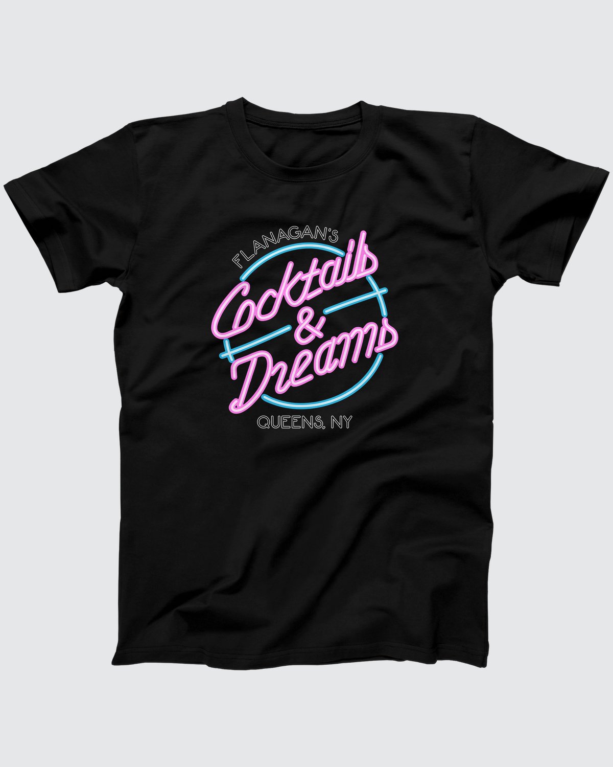 Flanagan's Cocktails and Dreams T-Shirt, flat lay on grey