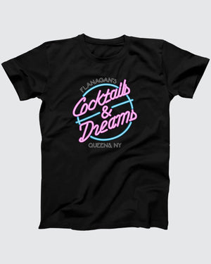 Flanagan's Cocktails and Dreams T-Shirt, flat lay on grey