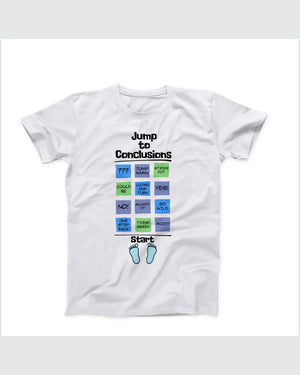 Jump To Conclusions Mat T-Shirt, flat lay on grey