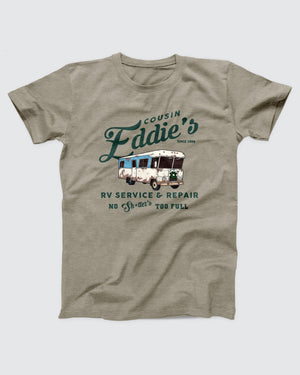 Cousin Eddie's RV Service & Repair T-Shirt, flat lay on grey