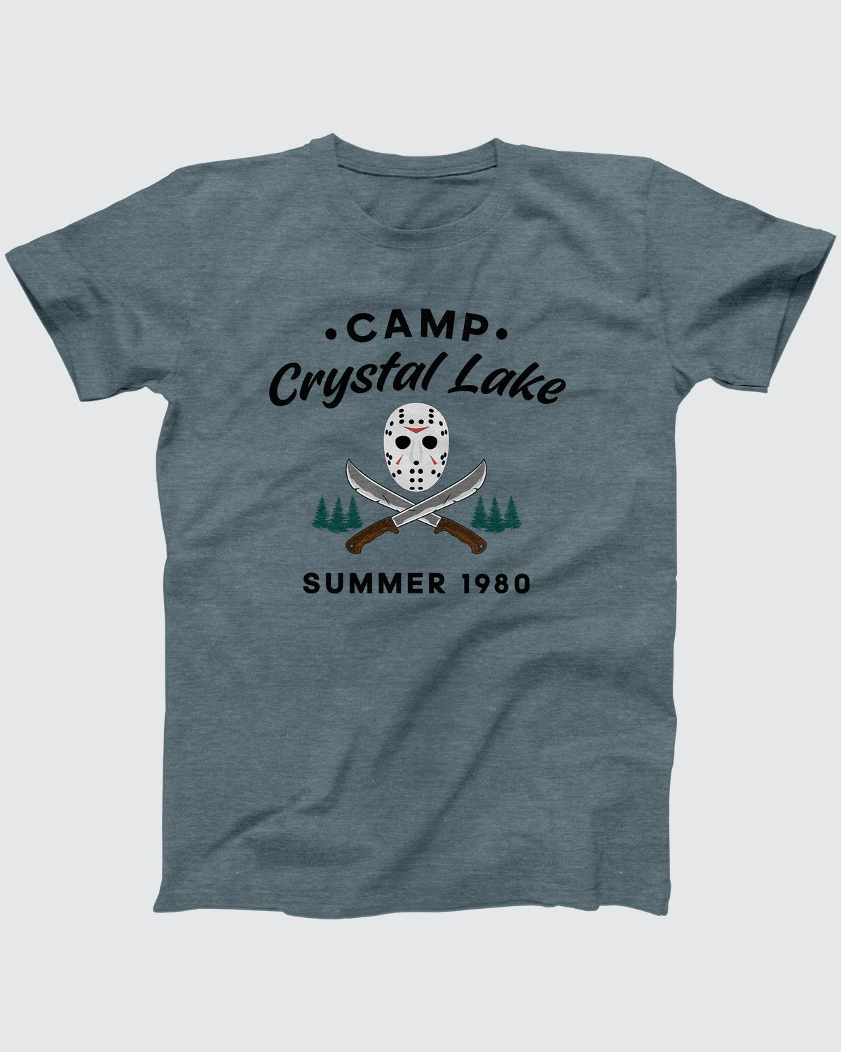 Camp Crystal Lake T-Shirt, flat lay on grey