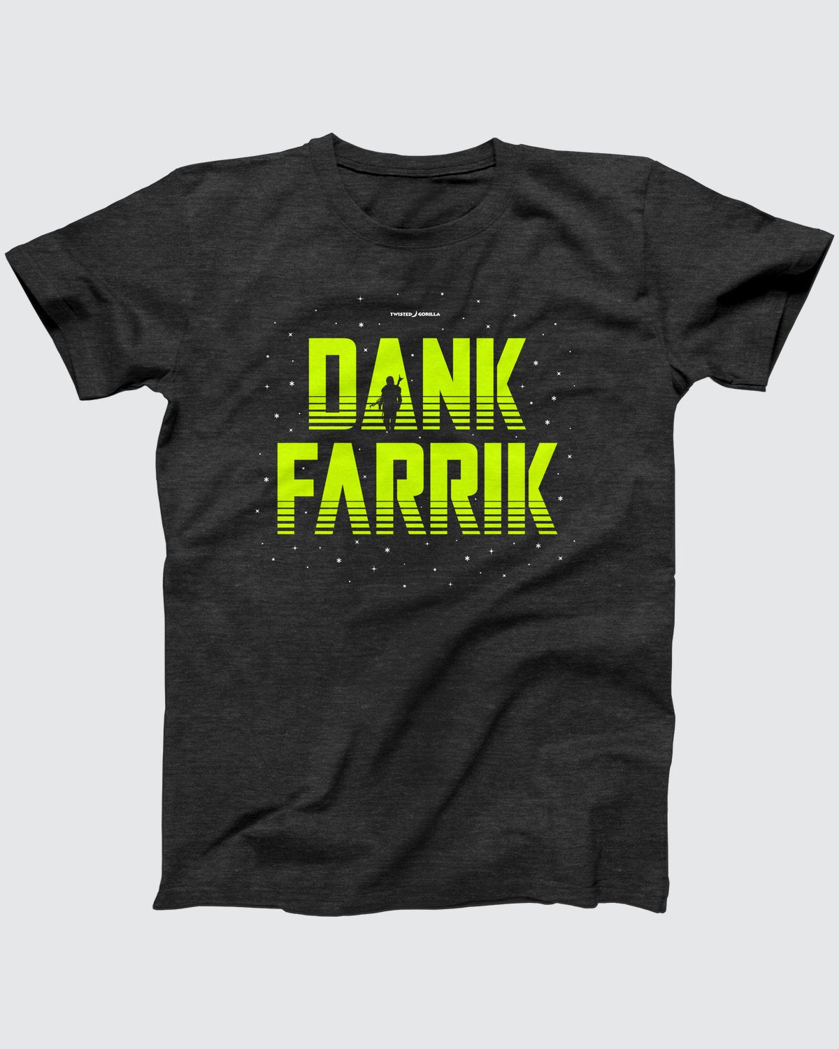 Dank Farrik t-shirt in Dark Grey Heather, flat lay on grey
