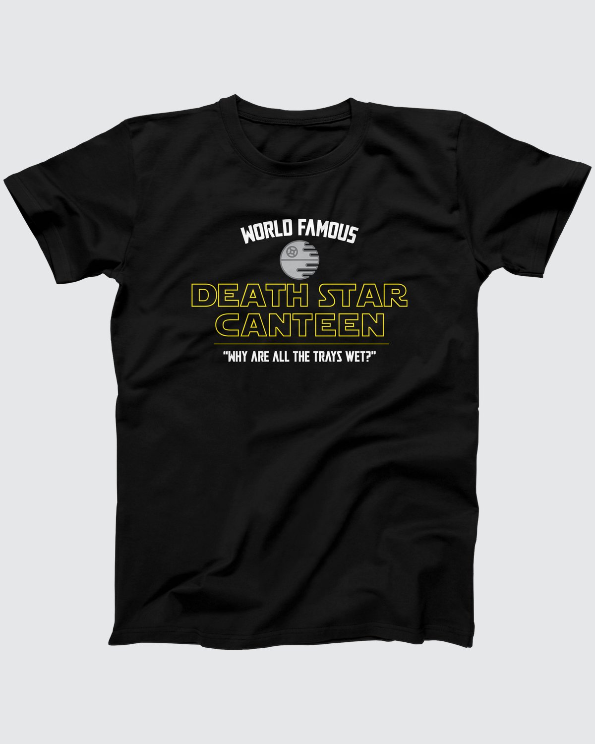 Death Star Canteen t-shirt in Black, flat lay on grey