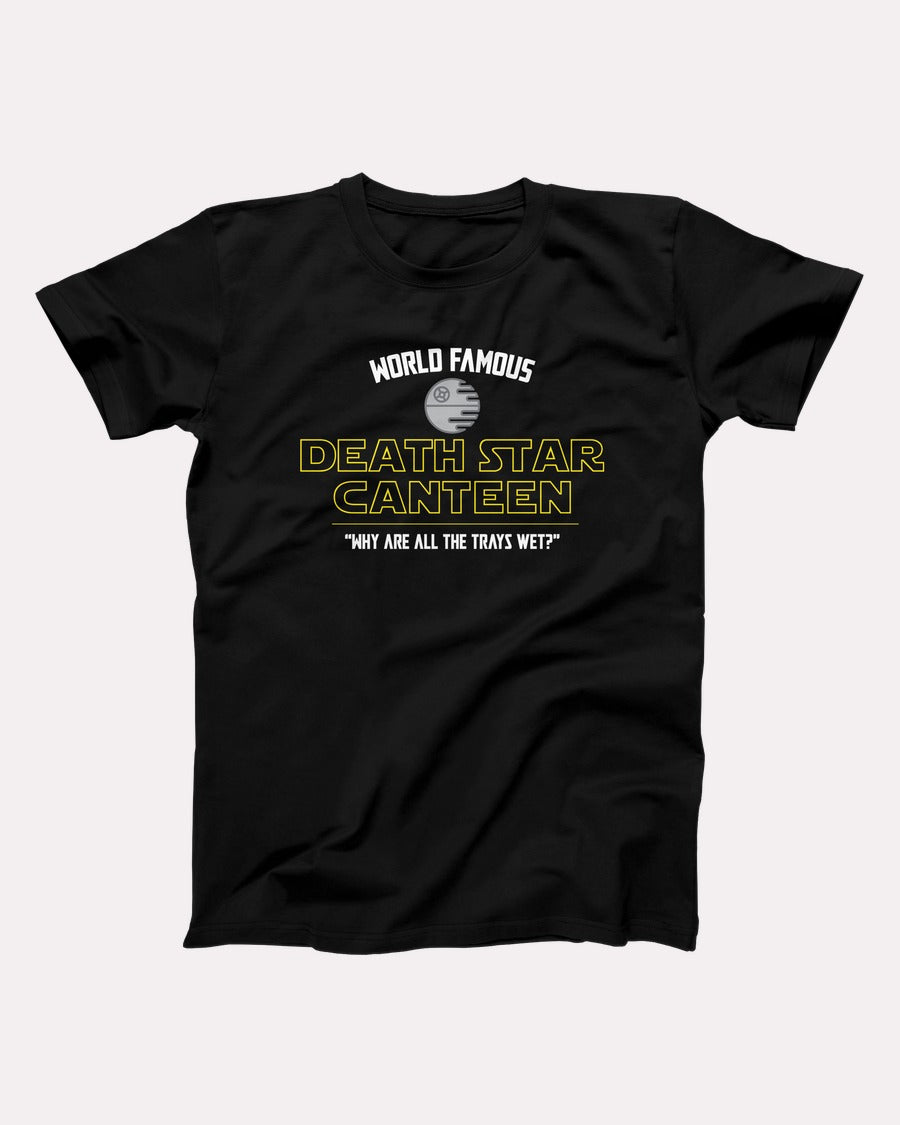 Death Star Canteen t-shirt in Black, flat lay on grey