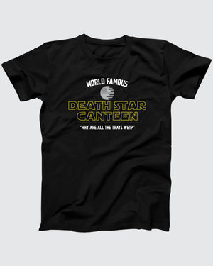 Death Star Canteen t-shirt in Black, flat lay on grey
